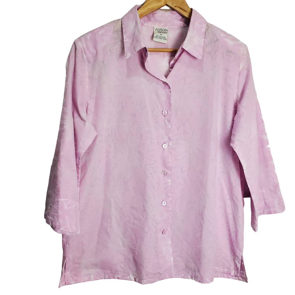 Vintage Blouse Womens Size 12 Floral Pink Button Up Sheer 3/4 Sleeve Casual